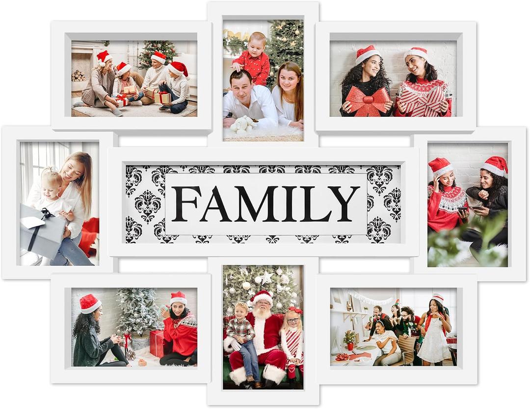 Jerry & Maggie Family Photo Frame 22x17, PVC Picture Frames Collage Wall Decor 9 Opening Wall Hanging For 6x4 Photos 8 Pack, No-Assembly 3D Design Waterproof Memorial Keepsake, White, Family/ Textured
