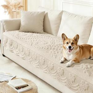 Arfntevss Couch Cover for Dogs Boho Plush Washable Sofa Covers for 3 Cushion Couch Pet Friendly Fuzzy Slipcovers 3 Seat Anti-Slip Sectional Furniture Protector (Plush Vines Cream White, 35.5" x 71")