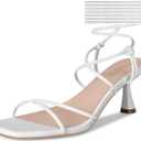 ISNOM Strappy Sandals for Women Kitten Heels Lace Up Heels Stiletto Heels Wrap Around Heels with Square Toe (White)