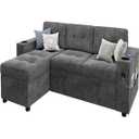 Convertible Sectional Sleeper Sofa with Storage Chaise, Pull Out Couch with Adjustable Backrest, L Shaped Couch with Charging Ports for Home, Office (Dark Gray)