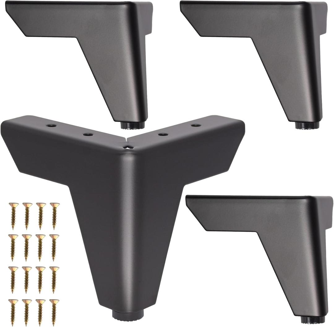NEWBYTEK 4 Inch Metal Furniture Legs - Set of 4 Heavy Duty Metal Sofa/Cabinet Feet (0.4in Height Adjustable, Black) Adjustable Replacement Legs for Modular Storage & Table Bed Dresser DIY