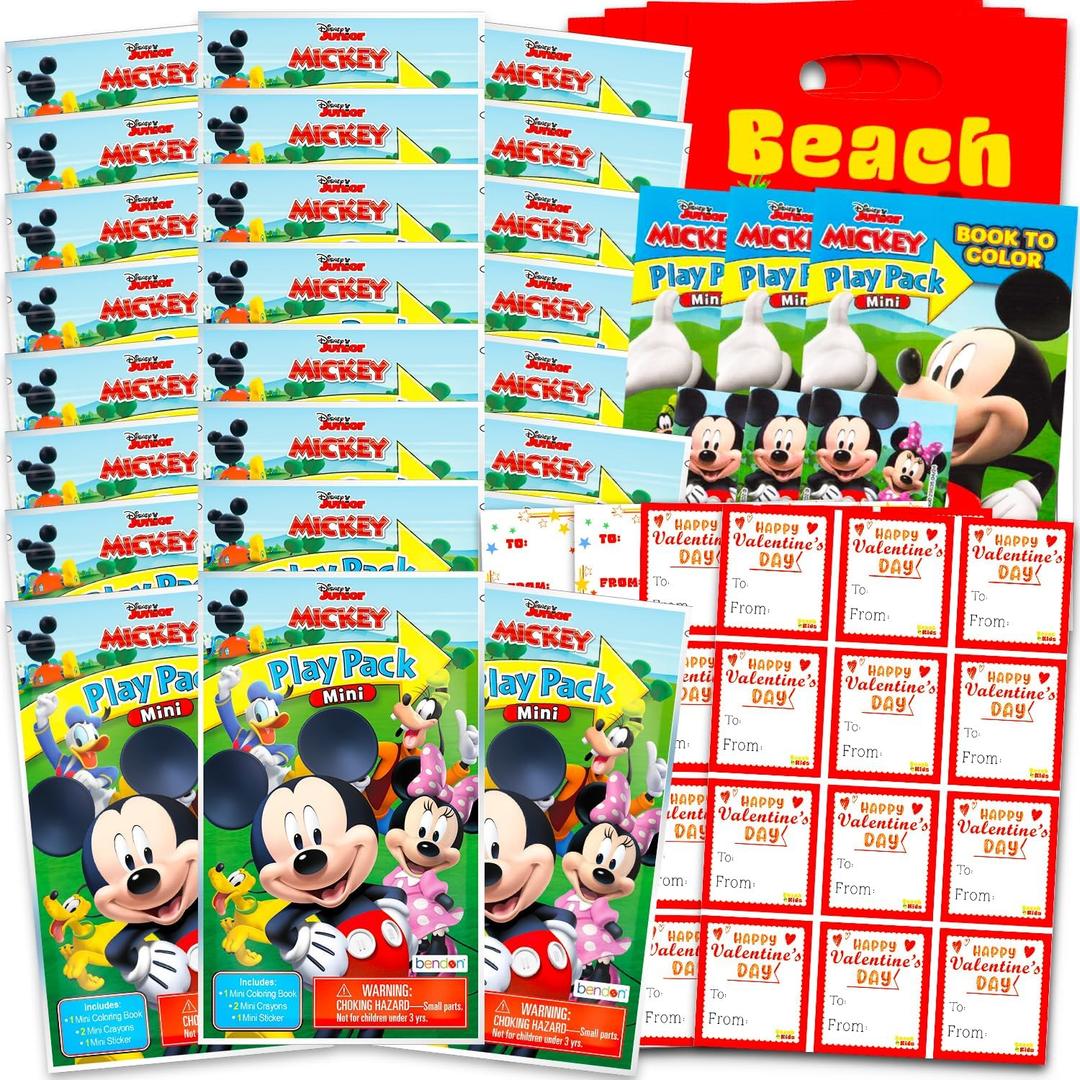 Mickey Mouse Club House Valentine's Day Classroom Gift Exchange Bundle - 24 Mickey Mouse Mini Coloring Activity Books for School Valentines Cards, Stickers | Valentines Kids Party Favors