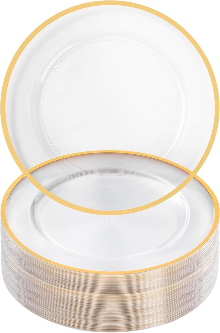 Goodluck 12 Inch Charger Plates, 50 Pack Clear Charger Plates with Gold Trim, Plastic Charger Plate Bulk for Dinner, Wedding, Party, Event Decoration, Clear&Gold