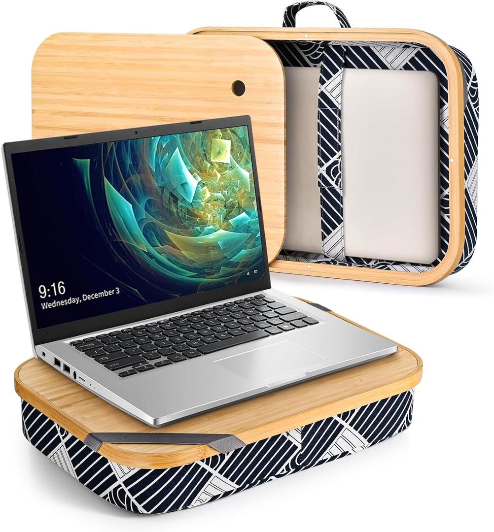 Mayjoy Bamboo Lap Desk with Storage, Cover Removable Lap Desk for Lap, Computer Laptop Stand on Lap, Work on Bed or Couch, Write or Draw on Your Lap (Black Wave)