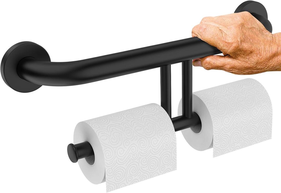 Grab Bar w/Double Toilet Paper Roll Holder Black, iHansee Stainless Steel Shower Support Handle Balanced Support Bars, Wall Mounted Safety Handrail Grab Rail for Elderly Senior Handicap Disabled (17 inch)