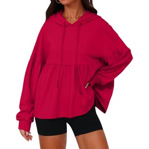 Womens Oversized Hoodies Sweatshirts Casual Lantern Sleeve Peplum Tops Drawstring Loose Hooded Pullover Workout Top (Small, Red)
