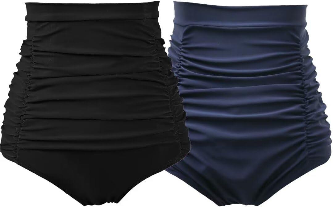 COCOPEAR Women's Ruched High Waisted Bikini Bottom Retro Vintage Swim Short Tankinis (X-Large, Black+navy) 2 Pack