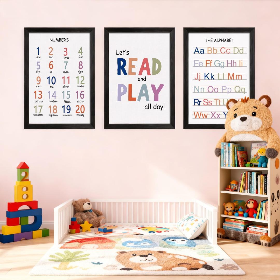 Cute Alphabet Numbers Framed Wall Art Set of 3, Educational ABC Poster Wooden Sign for Baby Girl Kid Boy Toddlers, Neutral Boho Preschool English Letters Nursery Decor for Homeschool Playroom Daycare