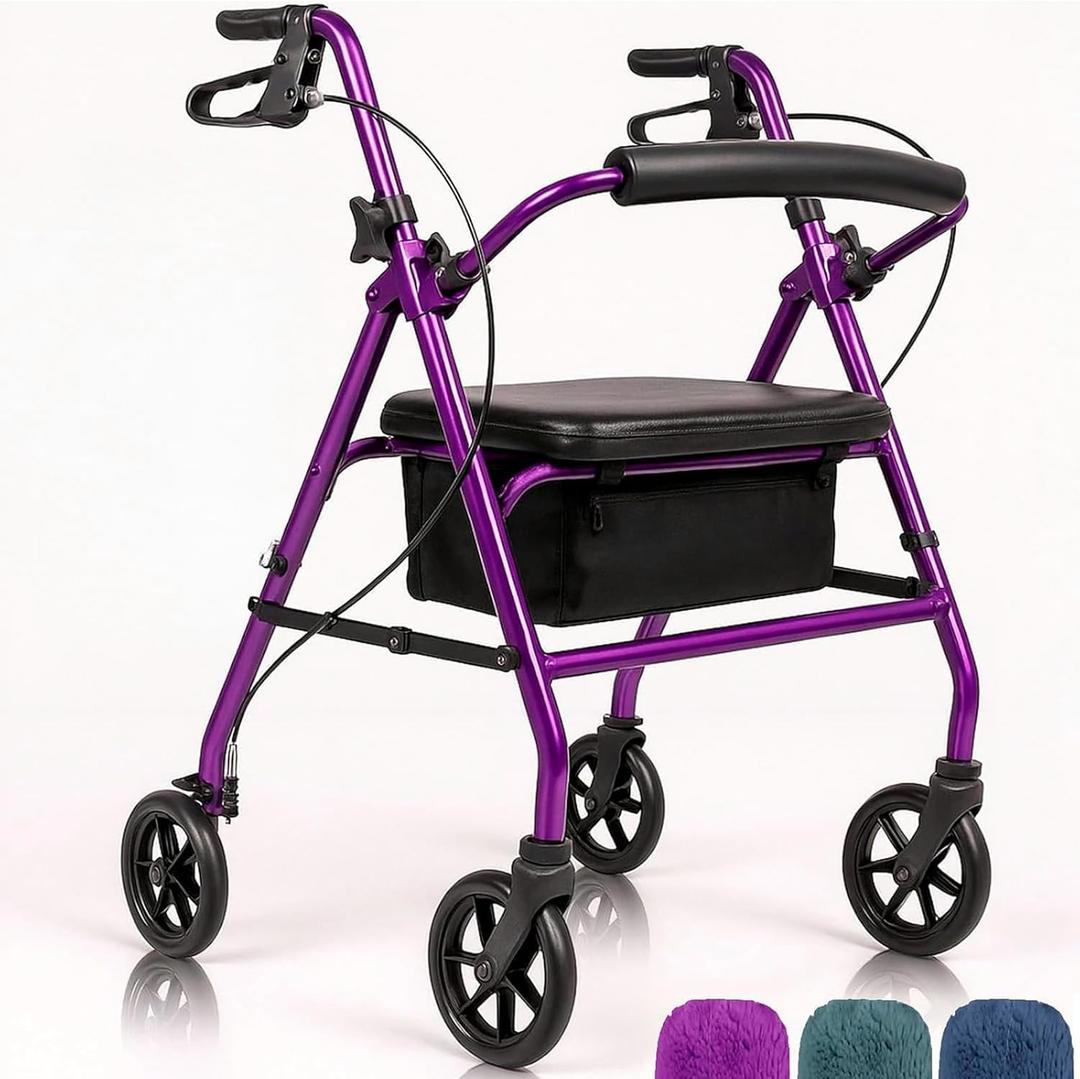 Vive Mobility Steel Rollator Walker with Seat - Foldable, Narrow, Rolling Senior Walker for Small Spaces - 4 Wheel Lightweight Adult Easy Drive with Underseat Storage, Adjustable Height (Purple)