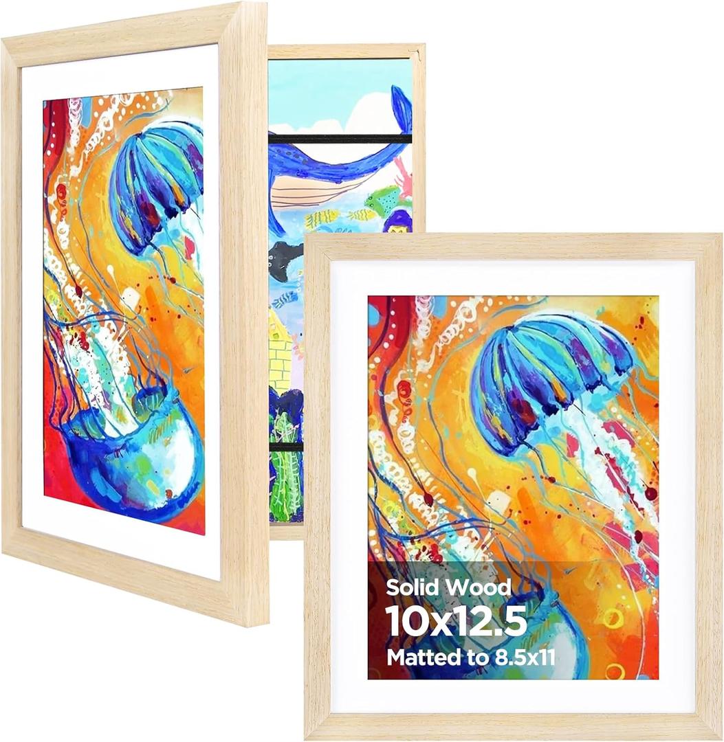 KINLINK 10x12.5 Kids Art Frame Set of 2, Solid Wood Kids Artwork Frames Changeable with Front Opening Hold 150 Pictures, Art Frames for Kids Art with Matwithout Mat 10x12.5 Picture Frame Natural