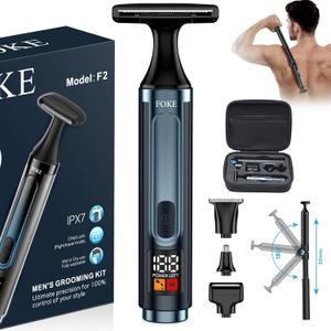 FOKE Back Shaver for Men, Ultra-Wide 1.8" T-Shaped Head, Travel Case, LED Display Mens Back Shaver Rechargeable with Long Handle, Safety Lock, IPX7, Multi-Functional Back Trimmer for Men, (Dark Blue)