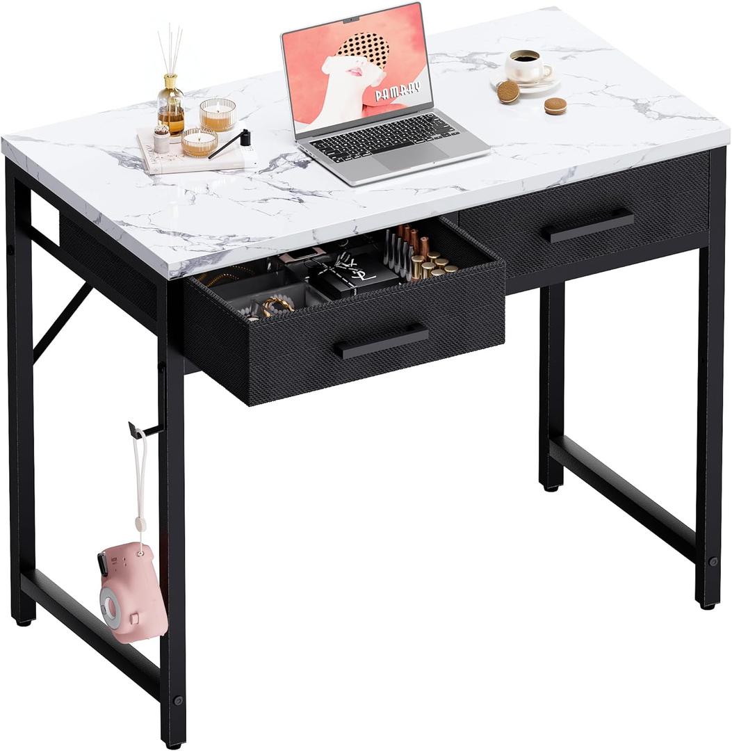 Pamray 32 Inch Small Computer Desk with 2 Drawers for Bedroom Study Writing Home Office Table for Small Spaces Marble, 32 Inch