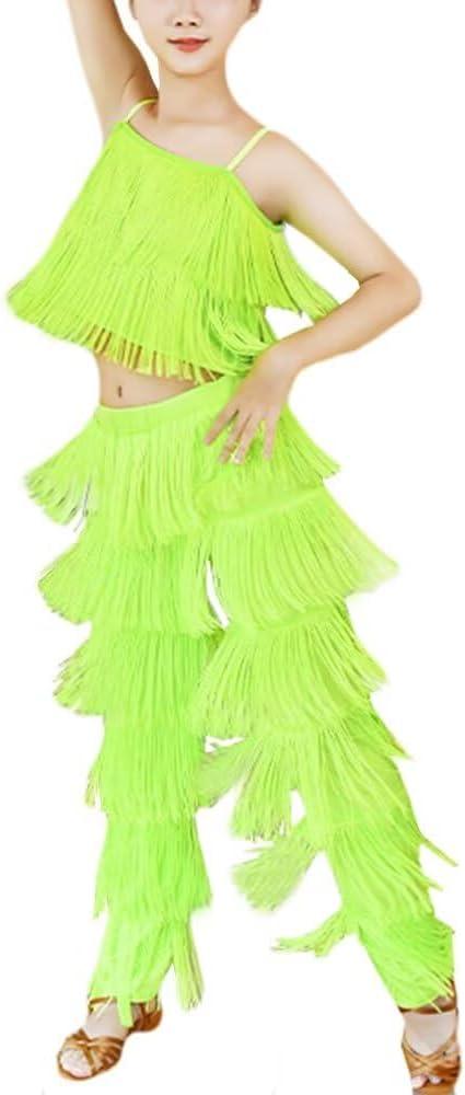 Girls 2 Piece Latin Ballroom Dance Outfits Set Tassel Camisole Fringe Pants Modern Salsa Dancewear (9-10 Years)