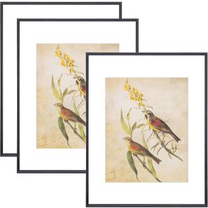 11x14 Picture Frame Set of 3, Black Modern Aluminum Metal Photo Frame with HD Glass, Fits 8x10 with Mat or 11 x 14 without Mat, Vertical and Horizontal Wall Mounting