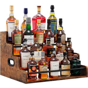 LIVELYGLOW 19.6W x 15.74" D x 12.5" H Inches Versatile 4-Step Coffee Syrup & Water Bottle Organizer Rack Multi-Functional Retro Display Shelf for Kitchen or Bar, Holds Liquor & Spirits, Wooden