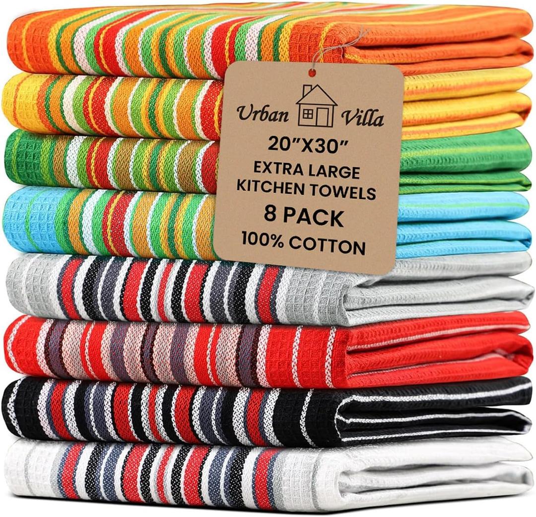 Urban Villa Kitchen Towels 100% Cotton Dish Towels for Kitchen(Set of 8)20x30 Dish Cloths Highly Absorbent Kitchen Linen Set with Hanging Loop Perfect for Drying Dishes Cleaning Towels 