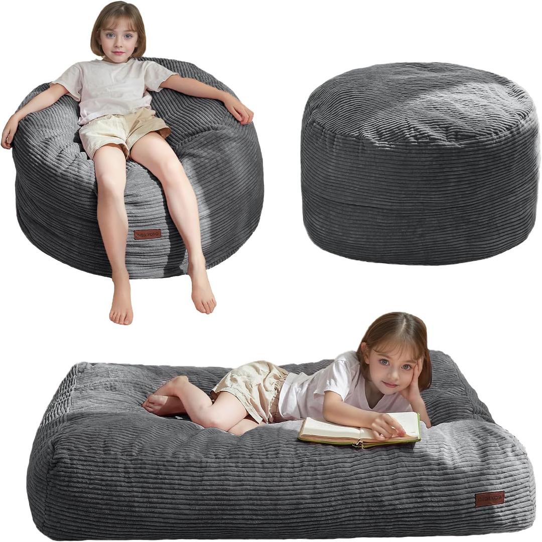 MAXYOYO Bean Bag Chair Bed for Kids, Convertible Bean Bag Folds from Lazy Chair to Floor Mattress Bed, Machine Washable Corded Fabric, Stuffed Floor Sofa Couch for Boys and Girls, Dark Grey