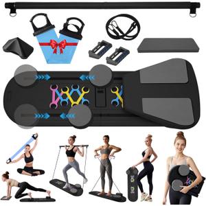Pilates Reformer Board Set for Home Workout, Multifunctional Portable Foldable Pilates Board for Small Spaces, Extra Complimentary Tension Straps, Full Body Workout for Women/Men (Black)