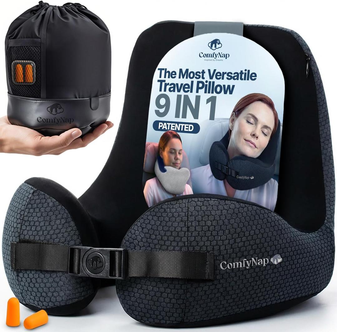 ComfyNap Versatile Travel Neck Pillow for Airplane [Patented], 9 Positions in 3 Techniques, Plane Pillow with Pure Memory Foam, Travel Pillow with HeadRest Flight Sleep, Travel Essential - Mercury