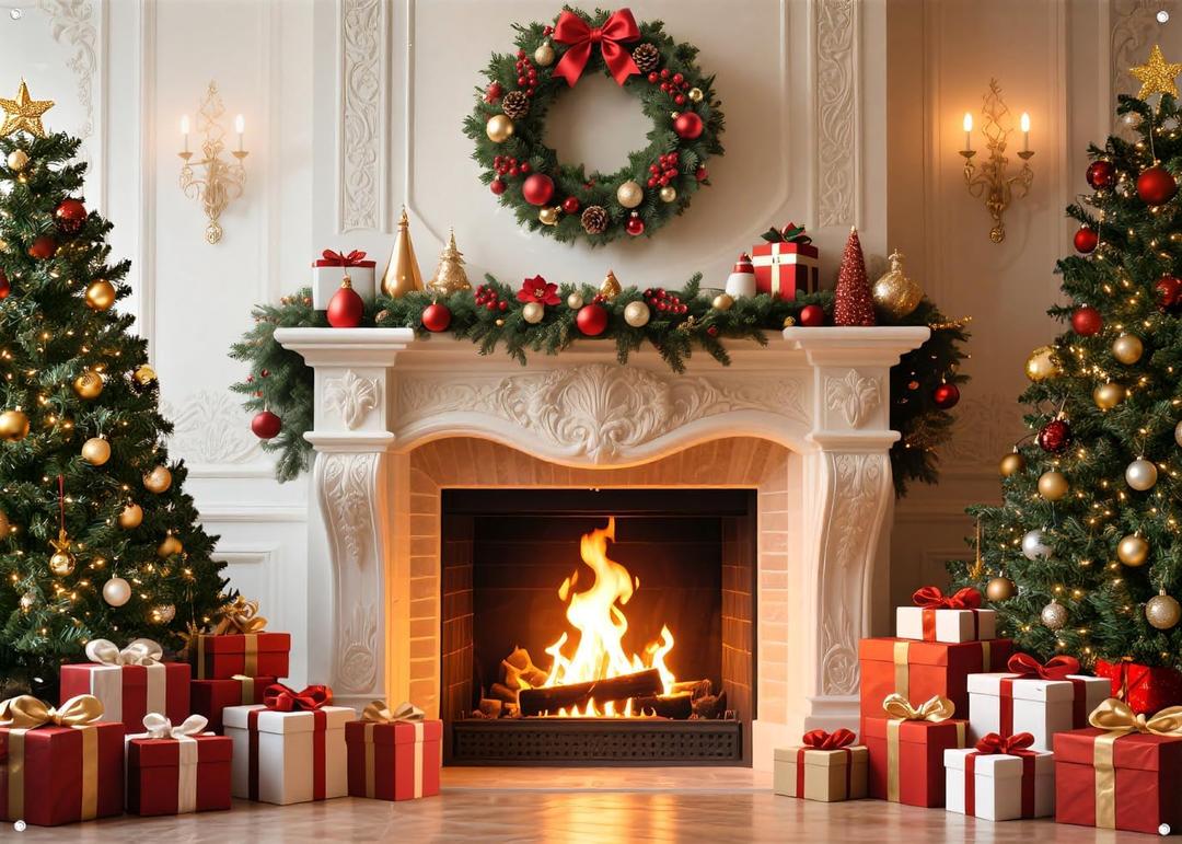 LYWYGG 94.4x70.8inch Christmas Fireplace Backdrop Christmas Backdrop for Photography Xmas Tree Party Background cp-706