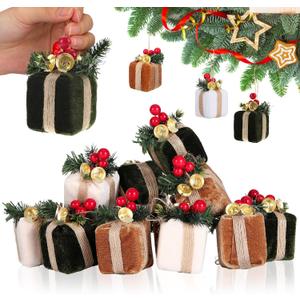 Panelee 12 Pcs Christmas Tree Mini Gift Boxes Velvet Christmas Tree Ornaments Vintage Present Decoration with Bells for Farmhouse Indoor Outdoor Xmas Party Holiday Decor(Beige, Brown, Green)