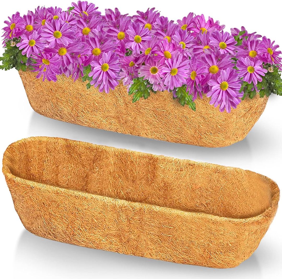 TigeJoy 2PCS 24'' Trough Coco Coir Liners Planter Replacement, 100% Natural Thick Coco Fiber Liner for Flower Box Decks Garden Flower Pots, 24inch Half Moon Shape Coconut Liner Window Boxes Outdoor