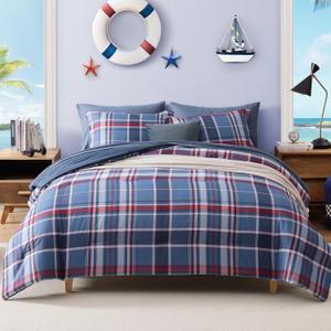 AMBERSPACE Plaid Full Size Comforter Set Navy Red, Bedding Set 7 Pieces for Boys Girls Teen, Lightweight Bed in a Bag for Dorm with Sheets, Pillowcases & Shams