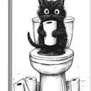 Cat Bathroom Canvas Wall Art Decor, Funny Animal Black and White Canvas Wall Art, Cute Cat On Toilet Holding a Toilet Paper Roll Artwork Prints for Bathroom Toilet Restroom Washroom Wall Decor 12x16''