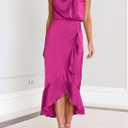 KIRUNDO Women 2026 Spring Summer Satin Mock Neck Wedding Guest Party Cocktail Midi Dress Sleeveless Wrap Ruffle Formal Dress (Pink, S)