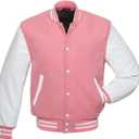 Mens Varsity Jackets Baseball Letterman Wool Body Genuine Leather Sleeves Bomber American Style Varsity Jacket (Large, Pink Body and White Sleeves)