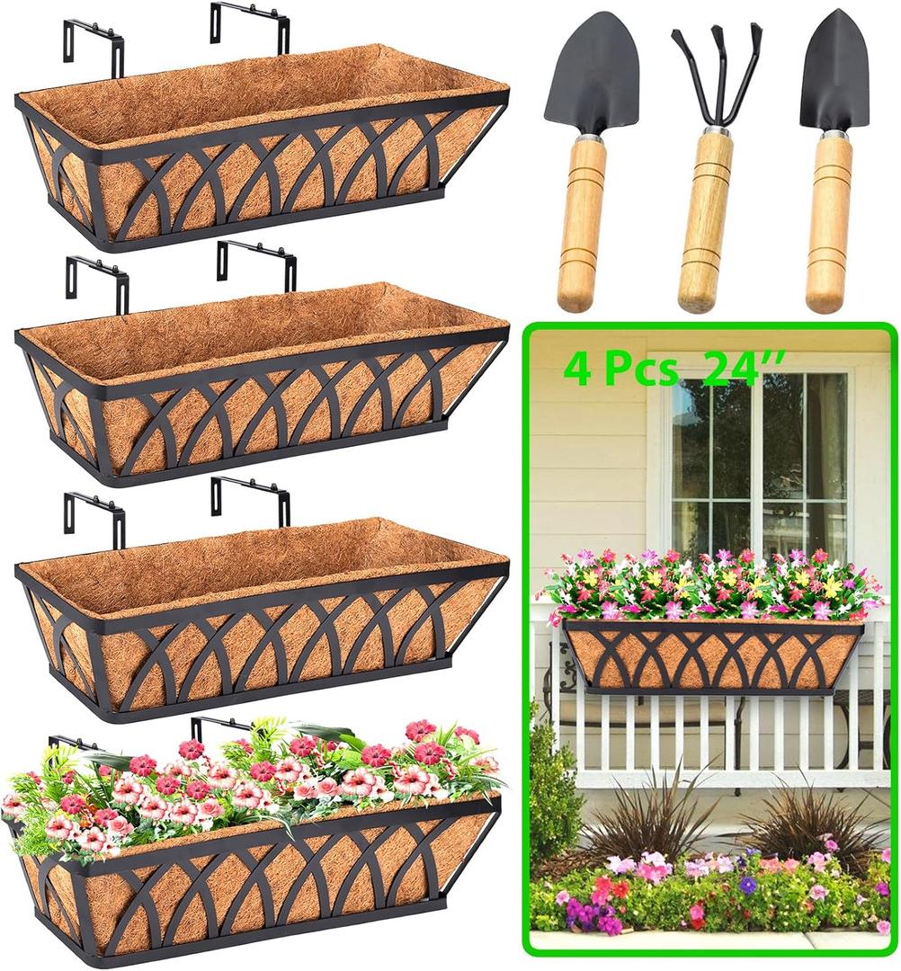 LCHUANG 4 Pack 24 Inch Deck Balcony Railing Planter Window Boxes with Coconut Coir Liner, Fence Metal Hanging Flower Planter Basket for Outdoor Lawn