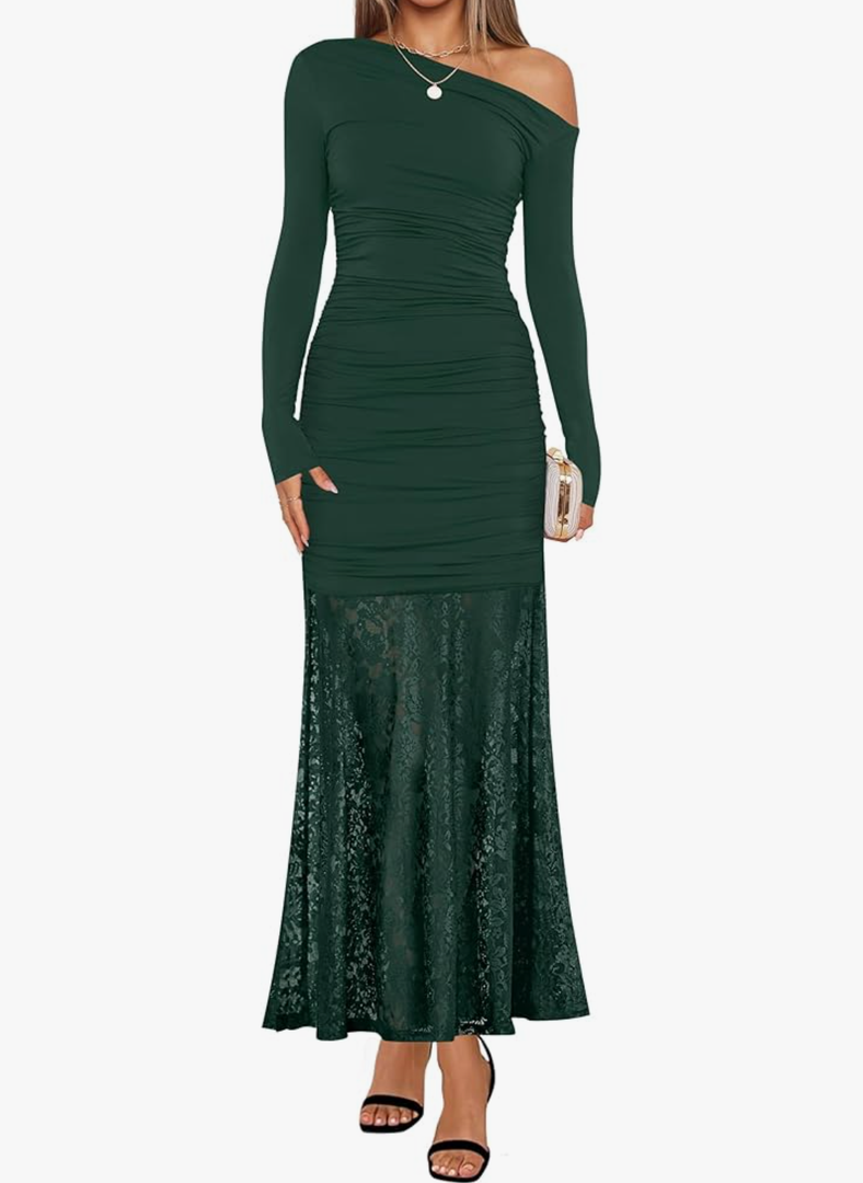 ZESICA Women's Long Sleeve Off Shoulder Bodycon Dresses Fall 2026 Ruched Lace Wedding Guest Cocktail Formal Maxi Dress L
