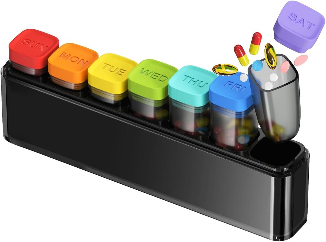 Weekly Pill Organizer 1 Time a Day, HIONXMGA Portable Detachable Travel Pill Box 7 Day, Large Once Daily Pill Holder Case, Color-Coded Dispenser for Vitamin Medicine Supplement Fish Oil, Black