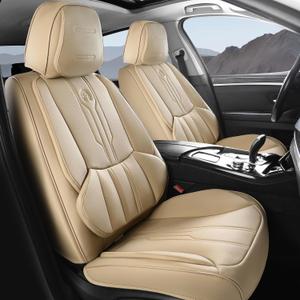 AOOG Seat Covers Custom Fit for Chevy Silverado GMC Sierra 2007-2025 1500 2500HD 3500HD Crew,Double,Reguler Cab, Pickup Truck Seat Cover Protector Cushion with Faux Leather (Beige, Front Set)