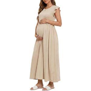 OUGES Women's Maternity Dress Summer Ruffle Sleeve Patchwork Casual Flowy Maxi Dresses with Pockets (Orange, M)