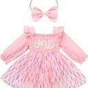 ODASDO Baby Girls First Birthday Outfit Sqaure Neck Ruffle Long Sleeve Tulle Tutu Romper Dress with Bow Headband