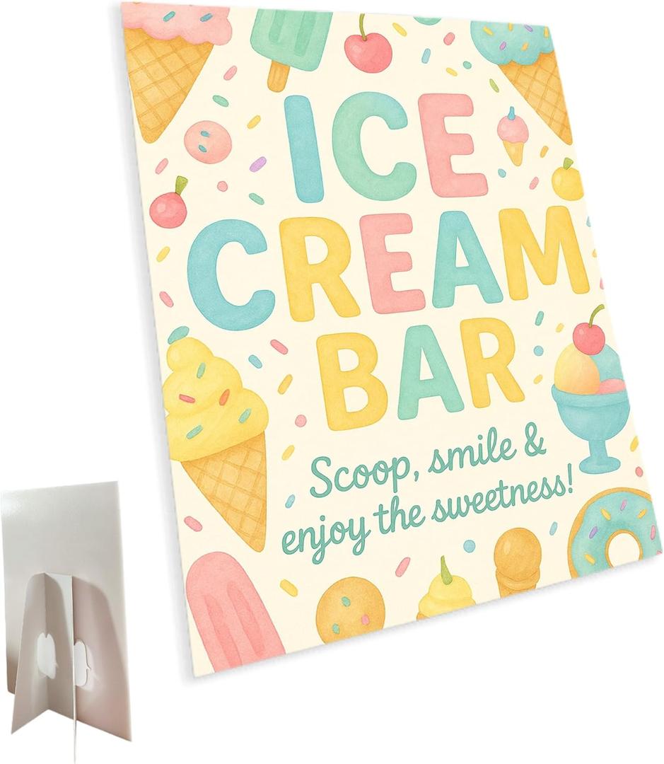 Ice Cream Bar Sign Ice Cream Birthday Party Decorations for Dessert Table & Bar Supplies, PVC Tabletop Party Sign 10.5 x 13.75 Inch