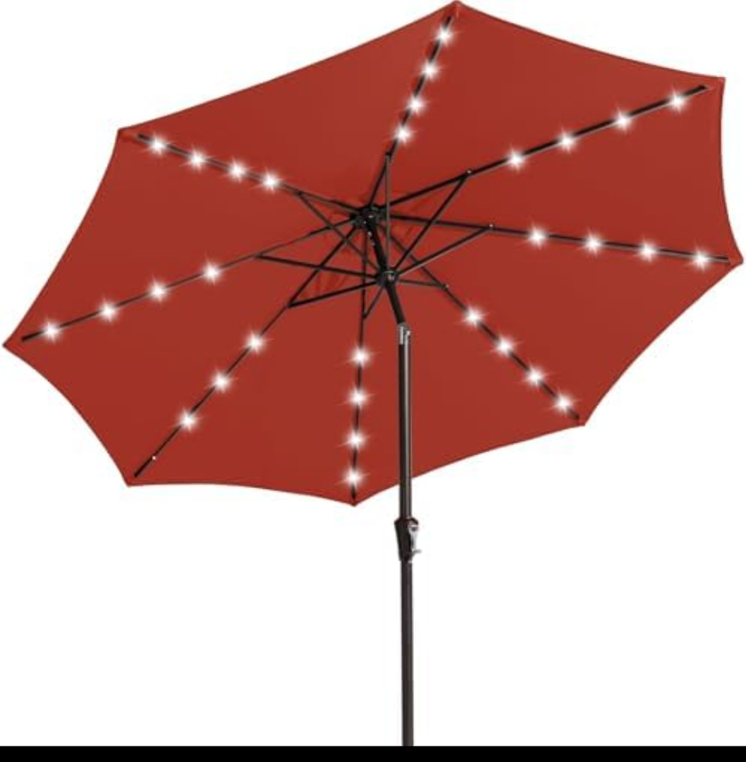 JEAREY 9FT Outdoor Patio Umbrella with Solar Lights, LED Lighted Pool Umbrella with Tilt and Crank, Outdoor Table Umbrellas for Deck, Yard & Market (Red)