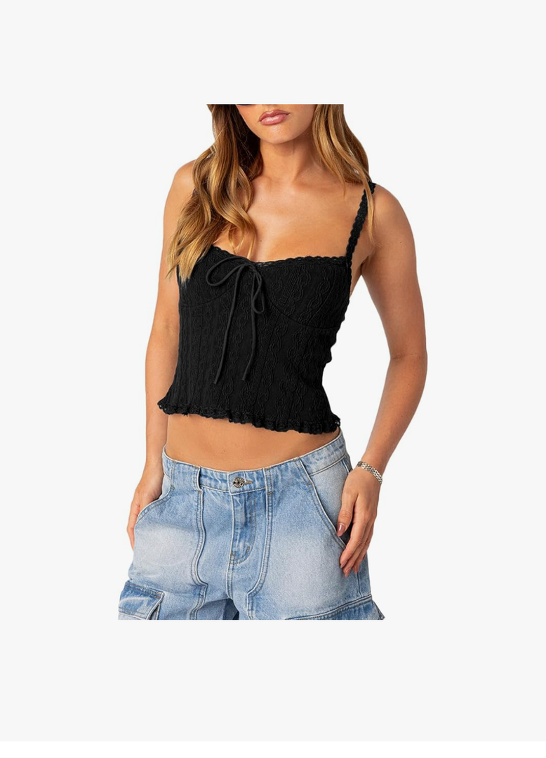 Women Y2k Lace Trim Tank Crop Tops Knit Spaghetti Strap Sleeveless Cami Shirt Sexy Summer Going Out Top M