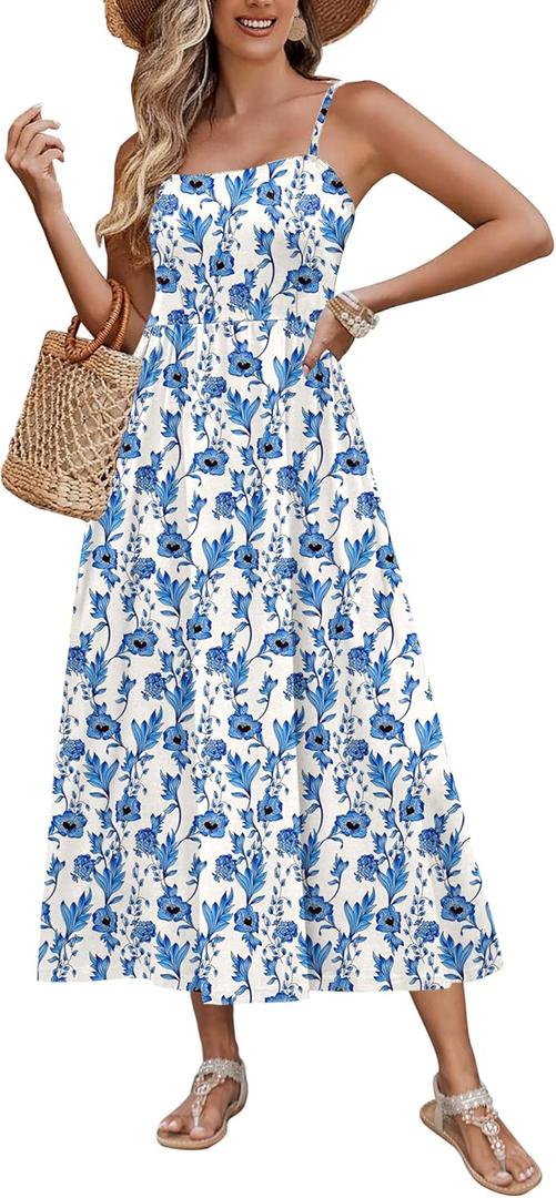 Zeagoo Women's Summer Casual Boho Sundress Spaghetti Strap Square Neck Flowy Midi Dresses A Line Beach Dress with Pockets (Large)