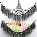 Stuffed Animal Hammock with LED Lights - 59 Inch Large Toy Storage Net for Kids Bedroom, Wall-Mounted Plush Organizer with Wooden Rings, Nursery Decor (Handwoven, Black)