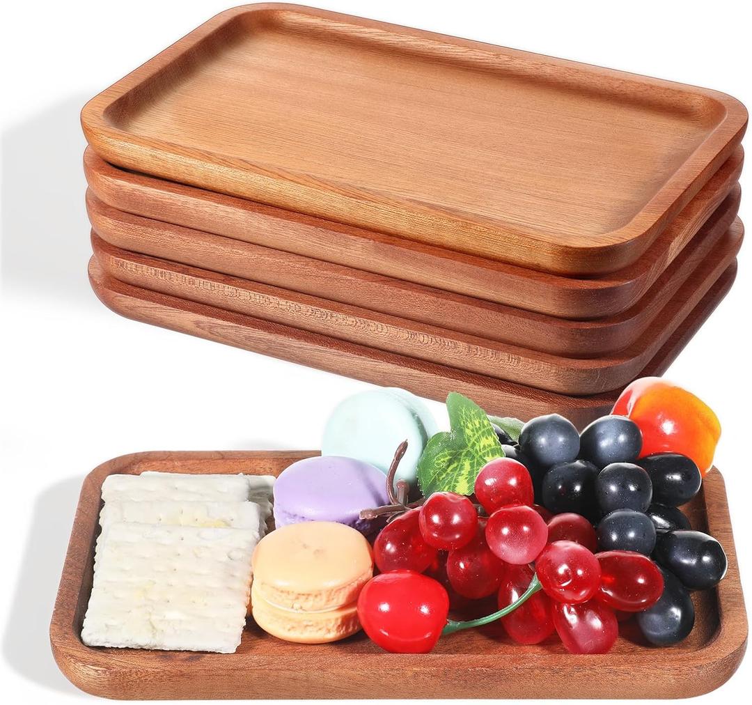 6 Pack Solid Wood Serving Platters and Tray with Edge, Natural Ebony Wood Pallet, Rectangular Wooden Serving Platters Mini Charcuterie Board, for Kitchen Counter Bathroom Home Decor Party, 8" x 5"