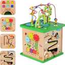TOOKYLAND 5 in 1 Activity Center, Wooden Large Activity Play Cube 23"X13"X13", Wooden Learning Puzzle Toy for Toddlers, with Animal Friends, Shapes, Mazes, Shape Sorter