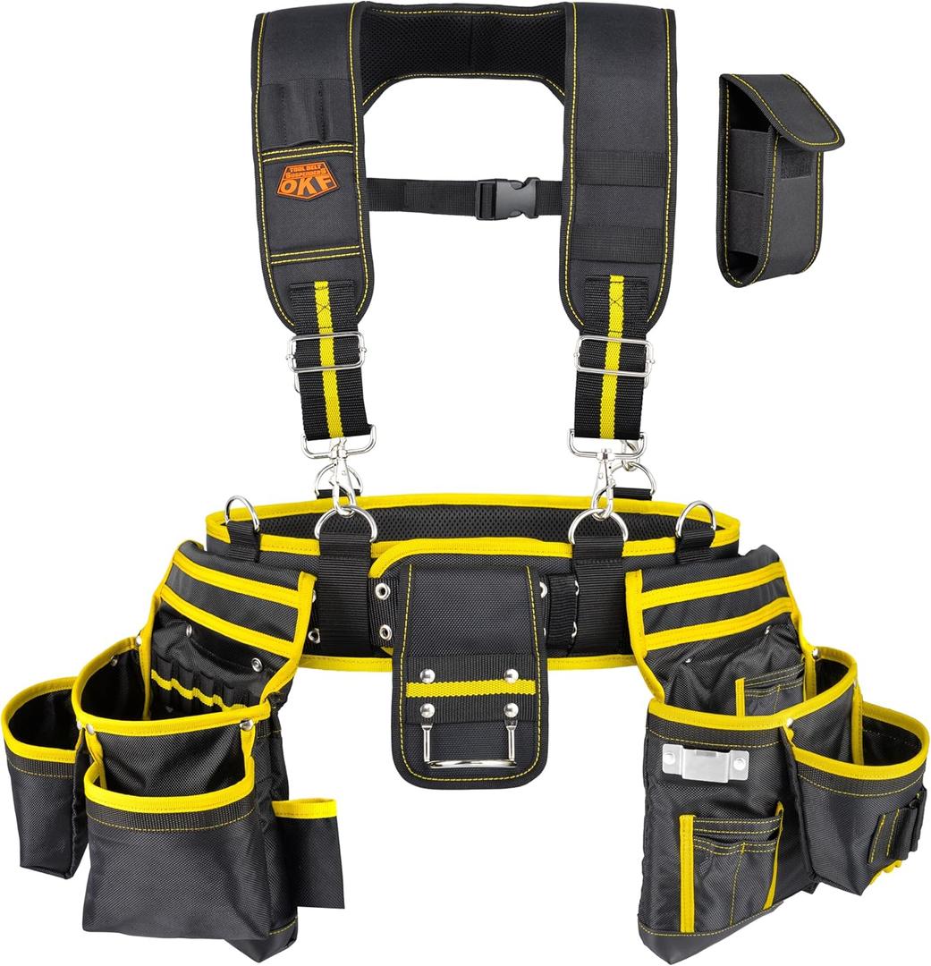 OKF 6-Piece Tool Belt with Suspenders,Magnetic Phone Holder and Hand Drill Tool Pouch Tool Rig for Framers Electrician 1680D Polyester Fabric,20 pockets,Black & Yellow,36-49In,5.5lb