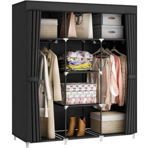 Portable Closet Wardrobe, 51-Inch Clothes Organizer with 2 Hanging Rods and 8 Shelves, Non-Woven Fabric Cover, Medium Capacity Storage for Bedroom and Living Room, Black