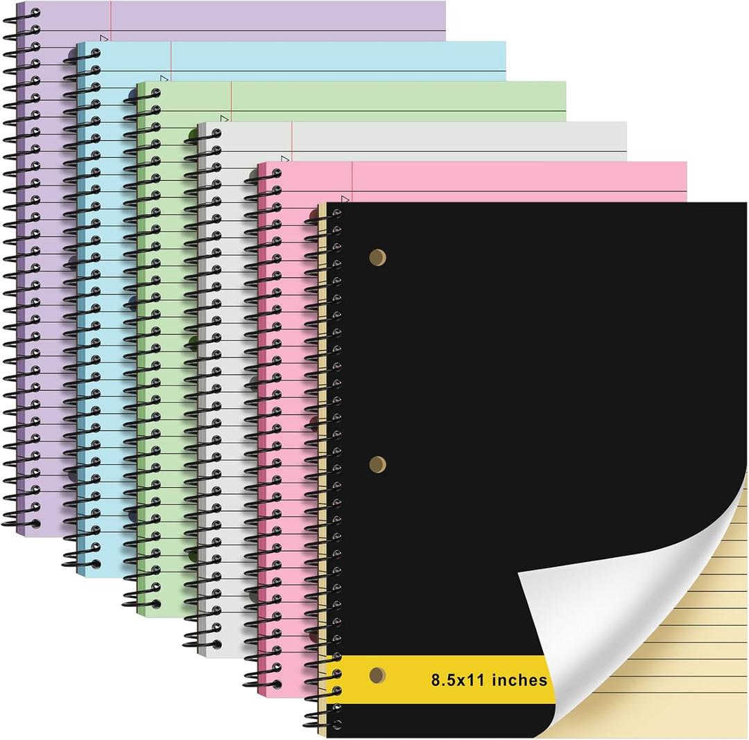 6 Pcs Legal Pad Top Spiral Bound Notebook 70 Sheets Double Sided College Ruled Paper Notepad Memo Steno Pad with Stiff Cover for Business College(8.5 x 11 Inches,3 Hole Punch,6 Colors)