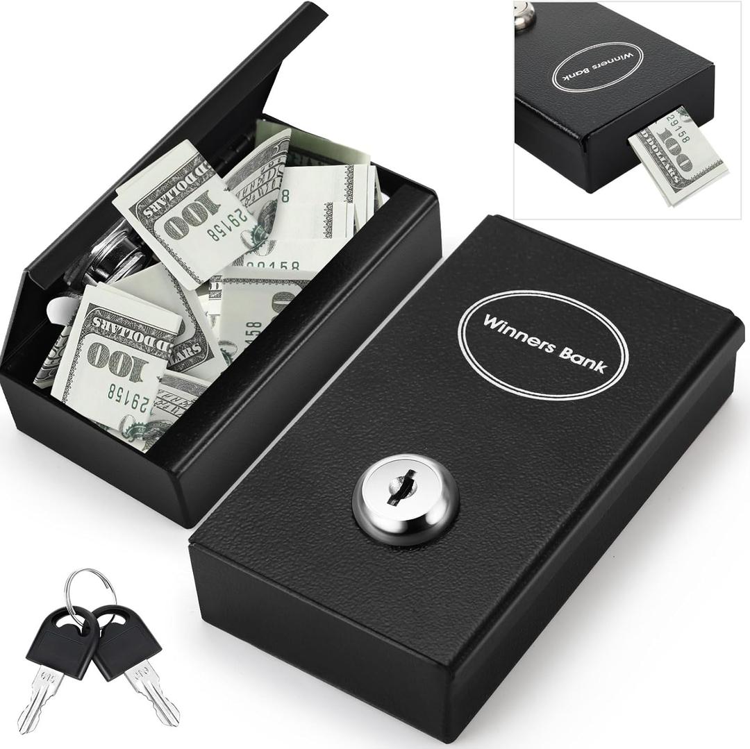 Reallnaive 1 Pack Metal Box for Gamblers Pocket Sized Winner Bank Casino Cash Box with 2 Keys Portable Casino Money Safe strongbox for Cash Saving Go Home Money Gifts (Black,Classic)
