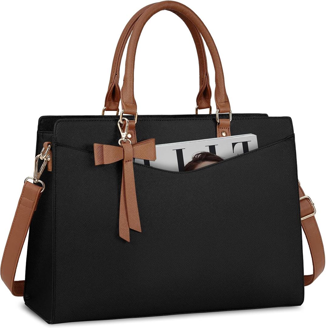 RAINSMORE Laptop Bag for Women 15.6 Inch PU Leather Laptop Tote Bag Professional Business Office Briefcase Waterproof Work Bag Computer Tote Bag Large Lightweight Handbag Shoulder Bag