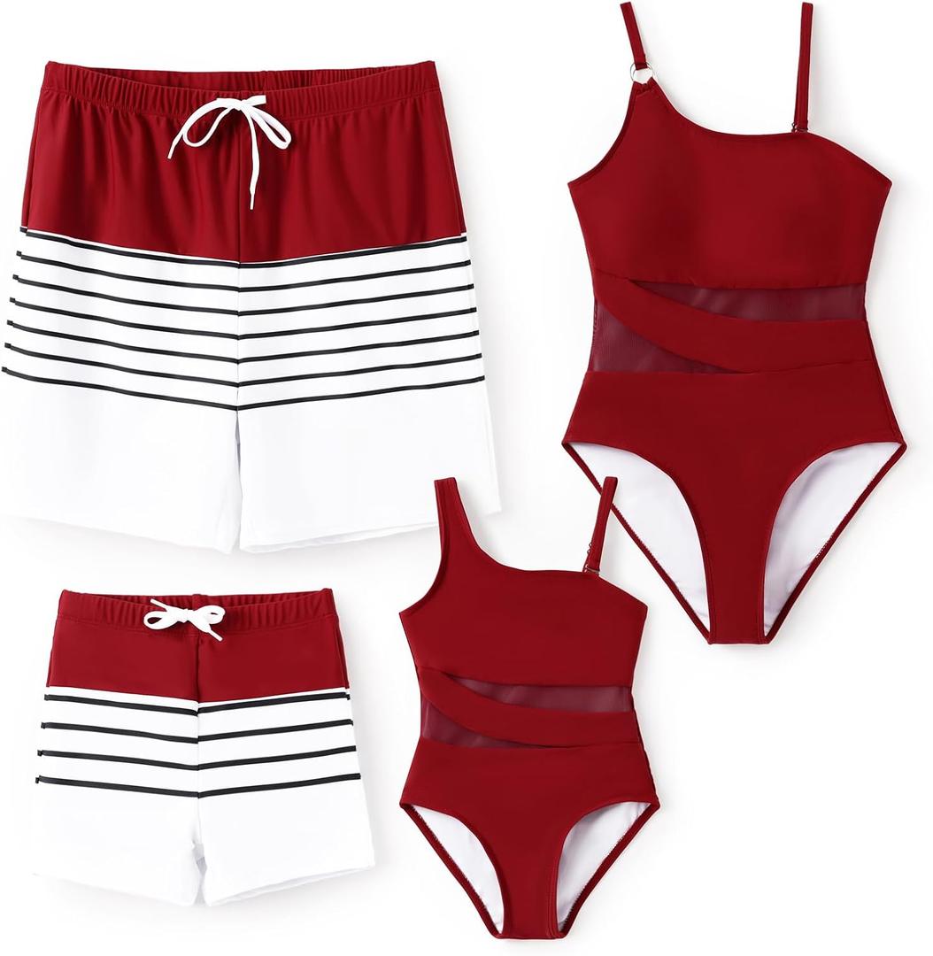 PATPAT Family Matching Summer Swimwear, Women and Girl One-Piece Swimsuit, Men and Boy Swim Trunks (Red, L)