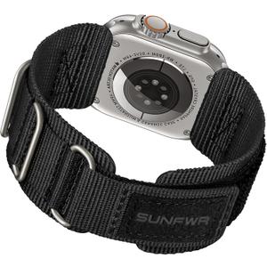 SUNFWR Rugged Nylon Band for Apple Watch Ultra 2&1 49mm 46mm 45mm 44mm 42mm Men,Velcro Tactical Military Strap for iWatch Series 10/9/8/7/6/5/4/3/2/1/SE (49mm 46mm 45mm 44mm 42mm (Series 3/2/1), BlackTags/Titanium)